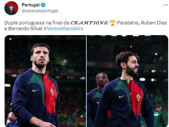葡萄牙队官推祝贺迪亚斯、B席 ：葡萄牙双人组晋级决赛
